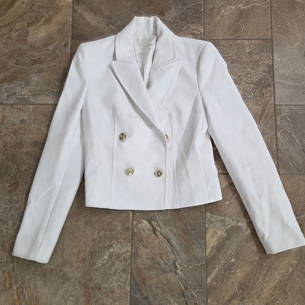 Zara White Double Breasted Cropped Blazer Gold Buttons XS Women Professional